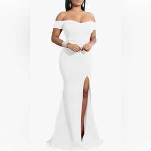 Ymduch Women’s Off Shoulder High Spilt Long Formal Dress, Ivory, Large